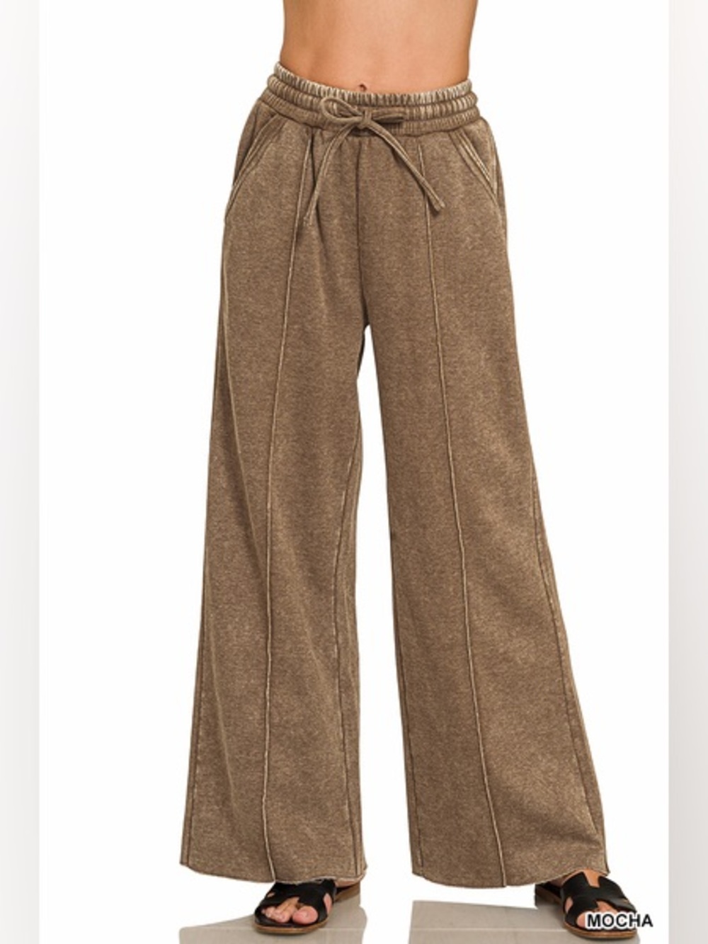 Z-J2 New Zenana ACID WASHED FLEECE PINTUCK WIDE LEG PANTS - 3 Colorways
